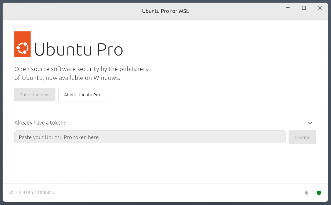 Graphical interface of Ubuntu Pro for WSL with option to paste Pro token.