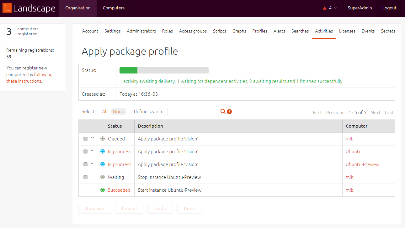 Progress of the package deployment